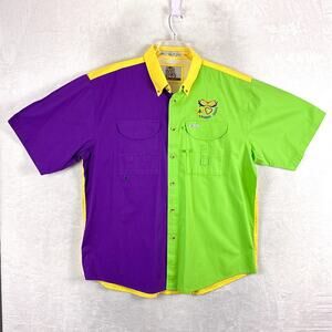 Tiger Hill Mardi Gras Shirt Men XL Purple Green Yellow Performance Poplin Safari